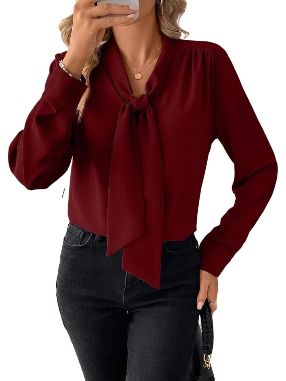 Women's Bow Tie Neck Blouse Long Sleeve Work Tops
